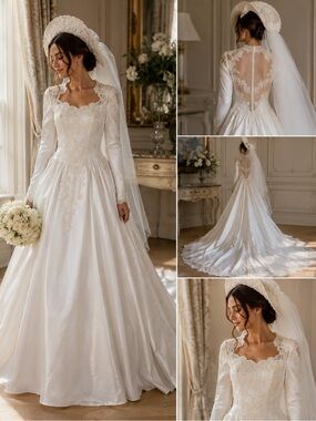 VTG 80s/90s Couture Satin Bridal Gown With Hat & Veil Dress Size S